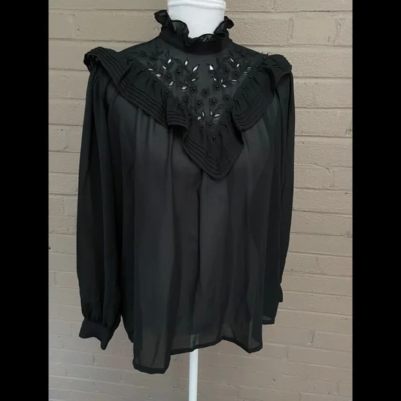 Vintage black ruffle collar shear blouse  XL - Picture 5 of 12